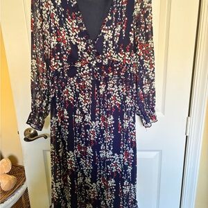 Floral V-Neck Long Sleeve Women's Dress - Navy with Red & White Floral